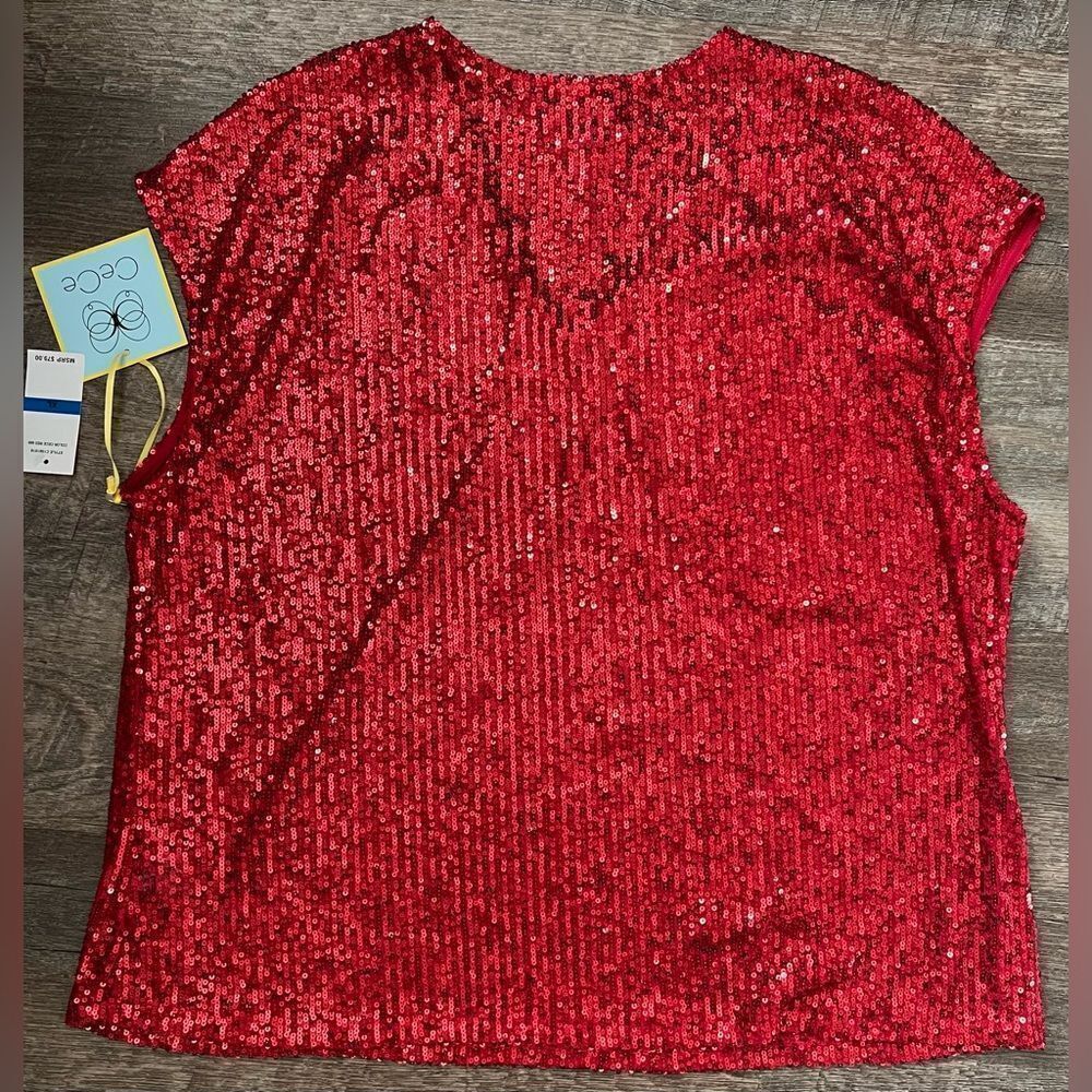 CeCe Sequined V-Neck Cap-Sleeve Red Blouse-Size XL - Picture 2 of 7